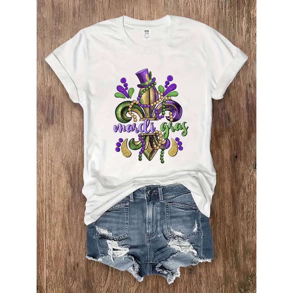 Womens Mardi Gras T Shirt Carnival Golden Fleur De Lis Purple Top Hat Summer Short Sleeve Casual Party Gift Black White Z260312