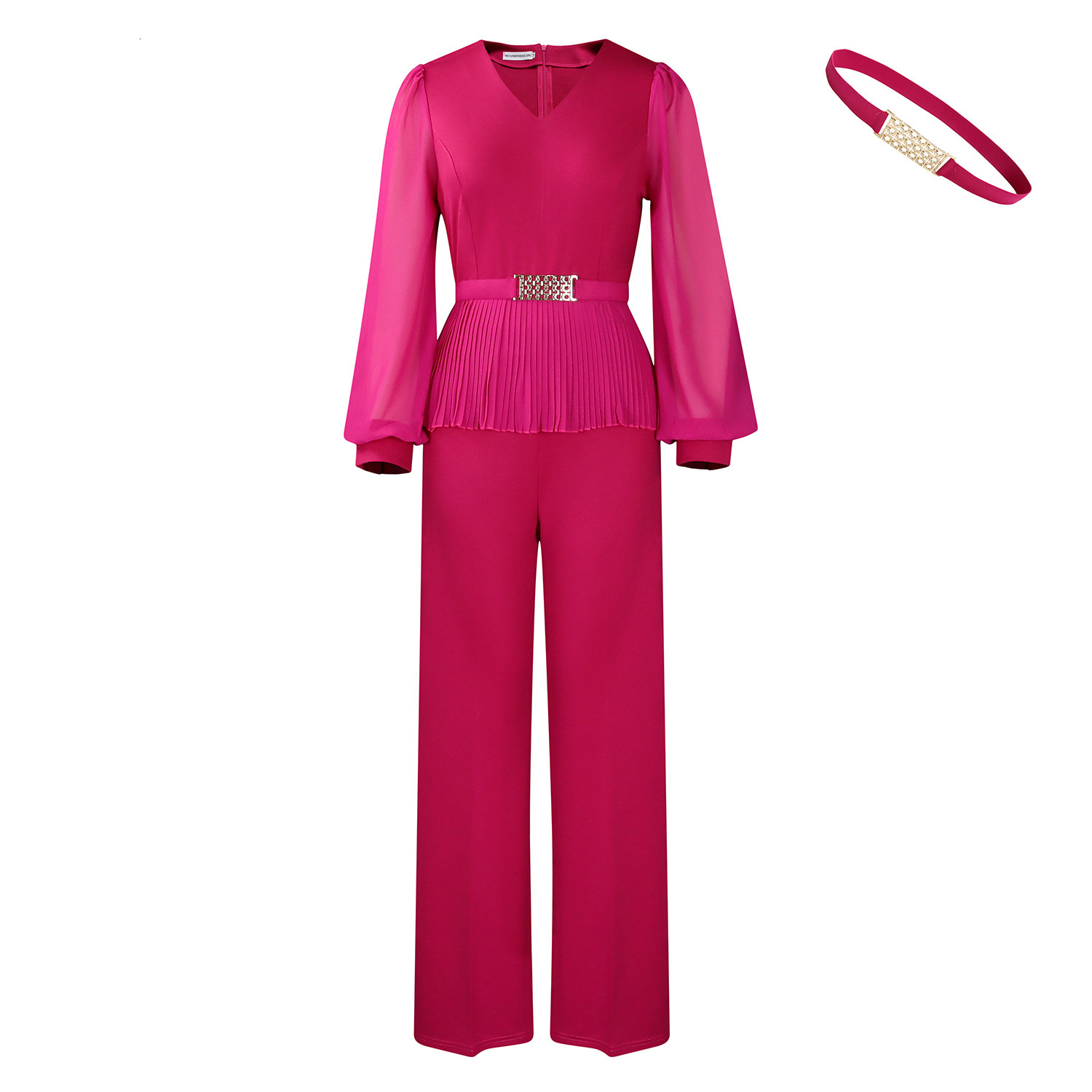 D555 Womens Elegant Fashion Office V-neck Long Sleeve Pleated Waist Top Wide-leg Pants Set