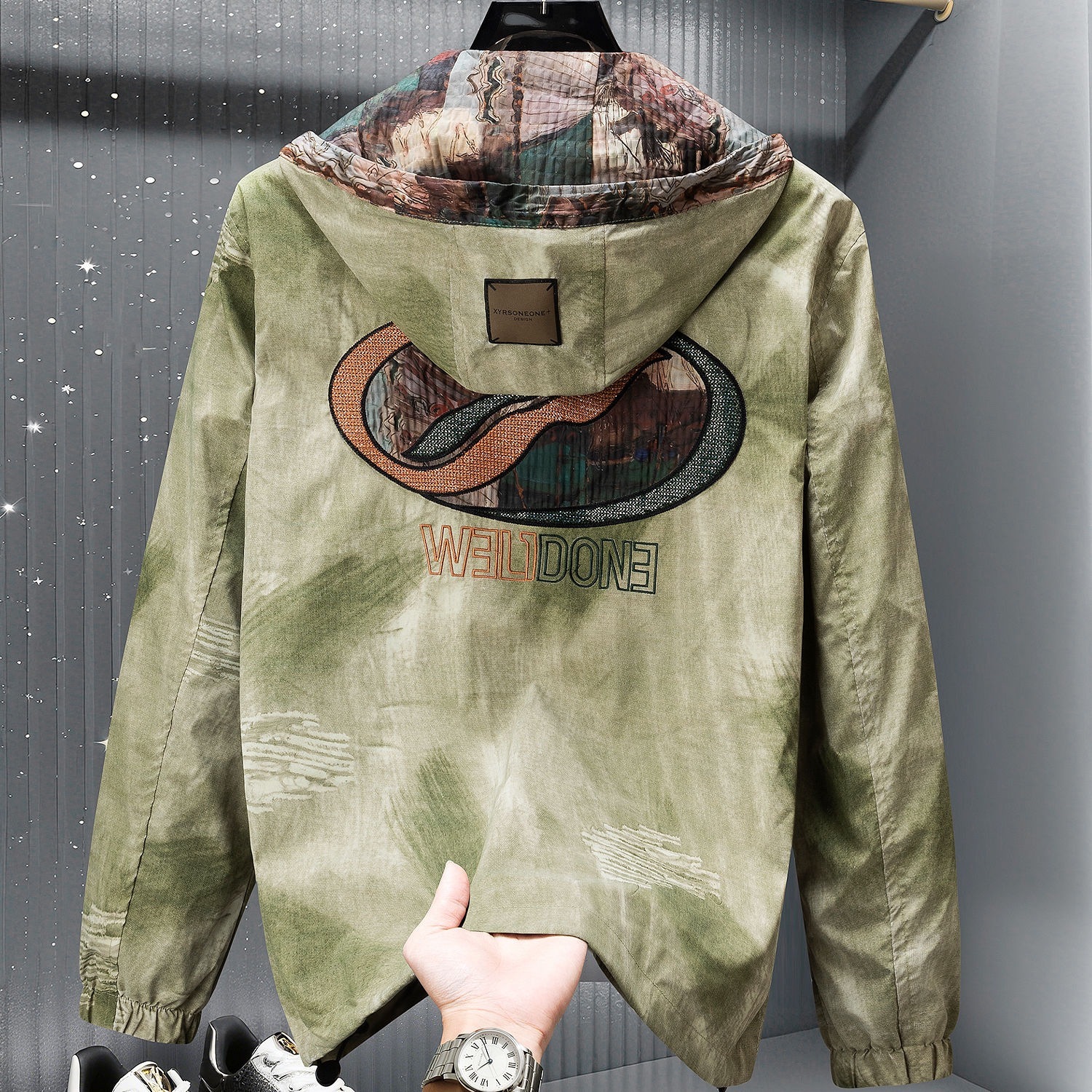 Luma hop 2025 New European and American Style Tie-Dye Men's Embroidered Hooded Jacket, High-End Trendy Brand, Lightweight Casual Autumn Jacket