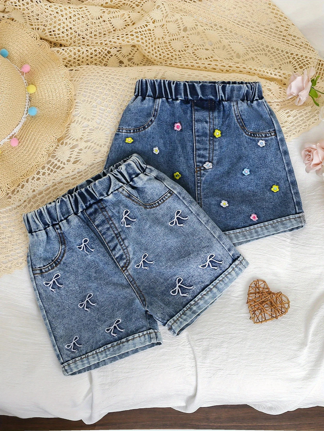 TwoPiece Girls Summer BowEmbroidered Casual Shorts Street Fashion Denim 260311