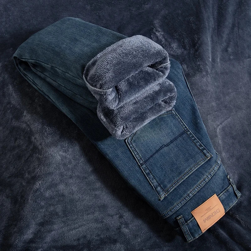 Winter Wool Lining Thickened Jeans Classic Mens Loose Straight Fleece Warm Business Casual Trousers Antifreeze Denim Pants 260228