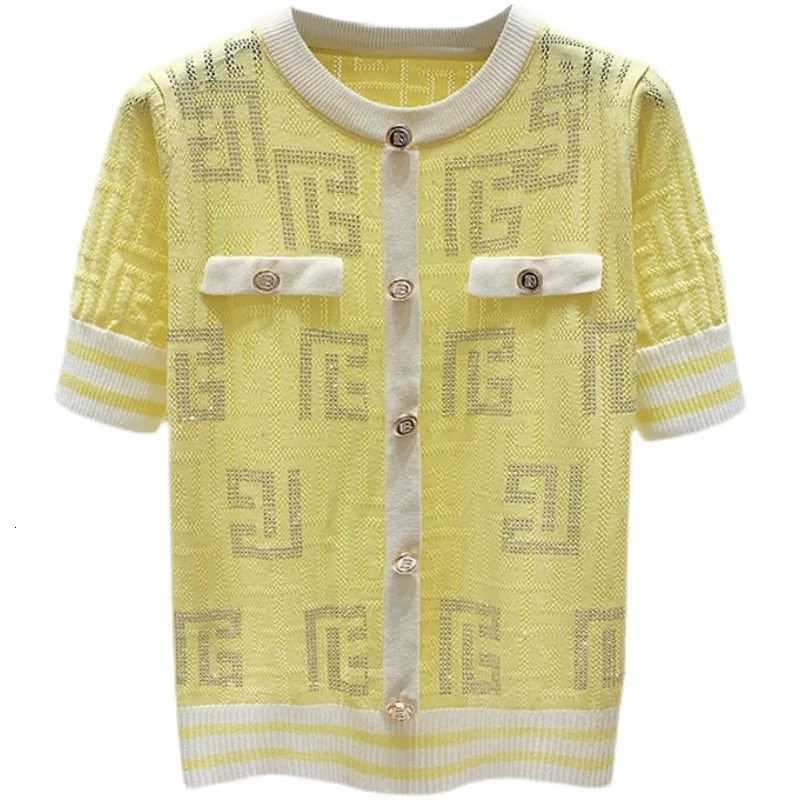 New Chic 2025 Fashion Summer Contrast Small Fragrance Ice Thin Sweater Womens Versatile Thin Hollow Out Short Sleeve T ShirtsT260312