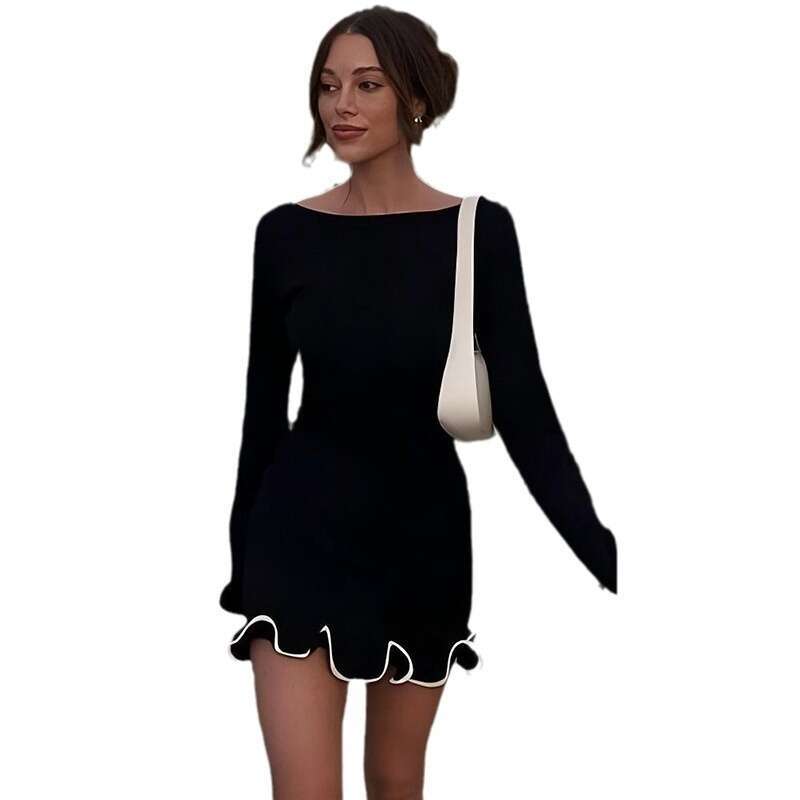Cross-Border Amazon Autumn Winter New European and American Women's Fashion Elegant Solid Color Round Neck Long Sleeve Slim Fit Ruffle Dress for 