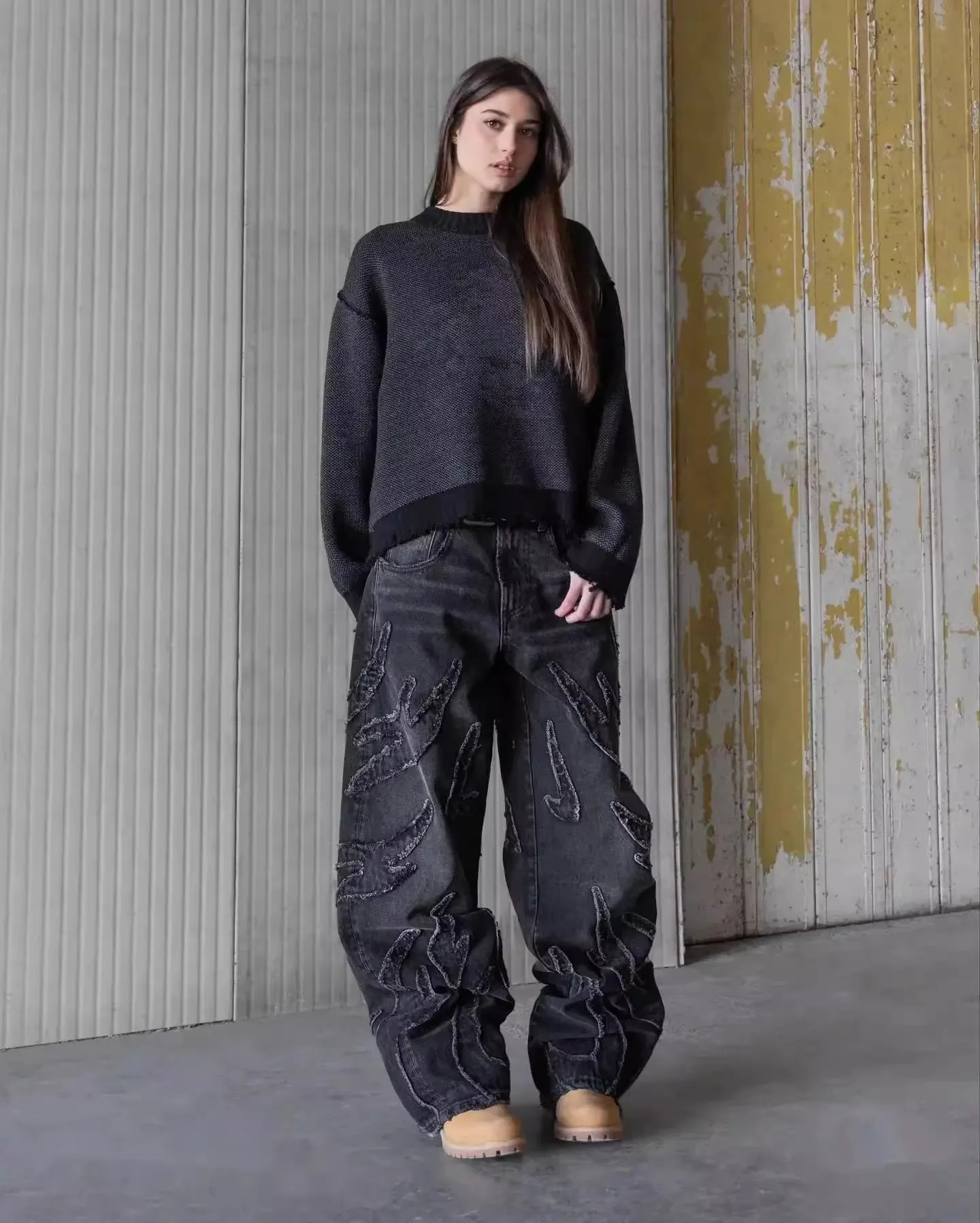 Mens Jeans Y2K Vintage Streetwear Black Wide Leg Denim Pants Ripped Patchwork Raw Hem Distressed Loose Fit Dark Punk Fashion 260310