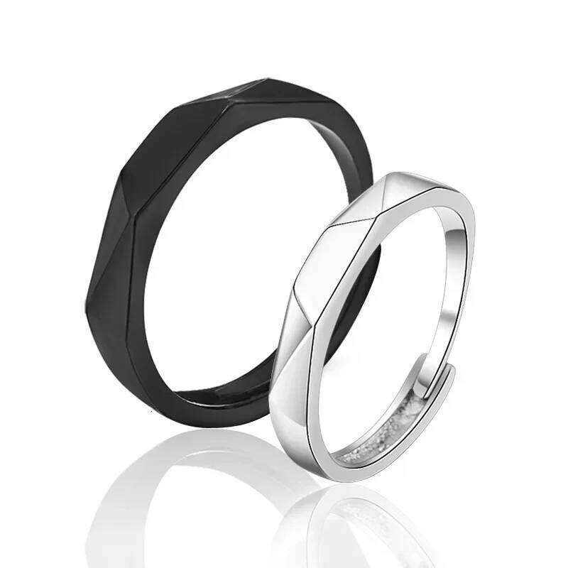 1Pair Simple Rhombus Rings for Women Men Black Sliver Couple Goth Luxury Opening Finger Ring Lover's Jewelry Gifts W260311