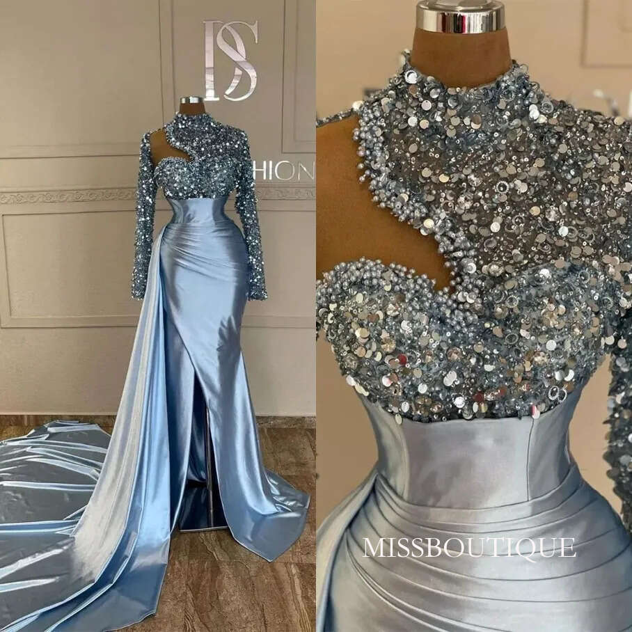 Shiny Sequined Mermaid Evening Dresses High Neck Pearls Beading Full Sleeve Party Gowns Custom Made Robe De Soiree F11 B0312