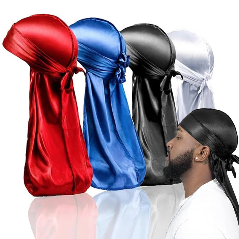 1-4Pcs silk Durag Bandana Turban Hat Men Breathable Long Tail Doo Rag for men Durags Pirate Hat Headband 260304