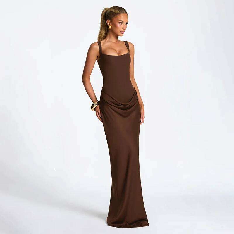 CUTENOVA Women'S New Solid Color Minimalist Square Neck Strapless Pleated Fitted Long Dress Holiday Elegant Streetwear C260311