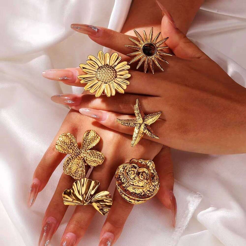 Exaggerated Big Bloom Flower Rings For Women Gold Color Stainless Steel Sunflower Open Finger Ring Female Fashion Jewelry Gifts H260312