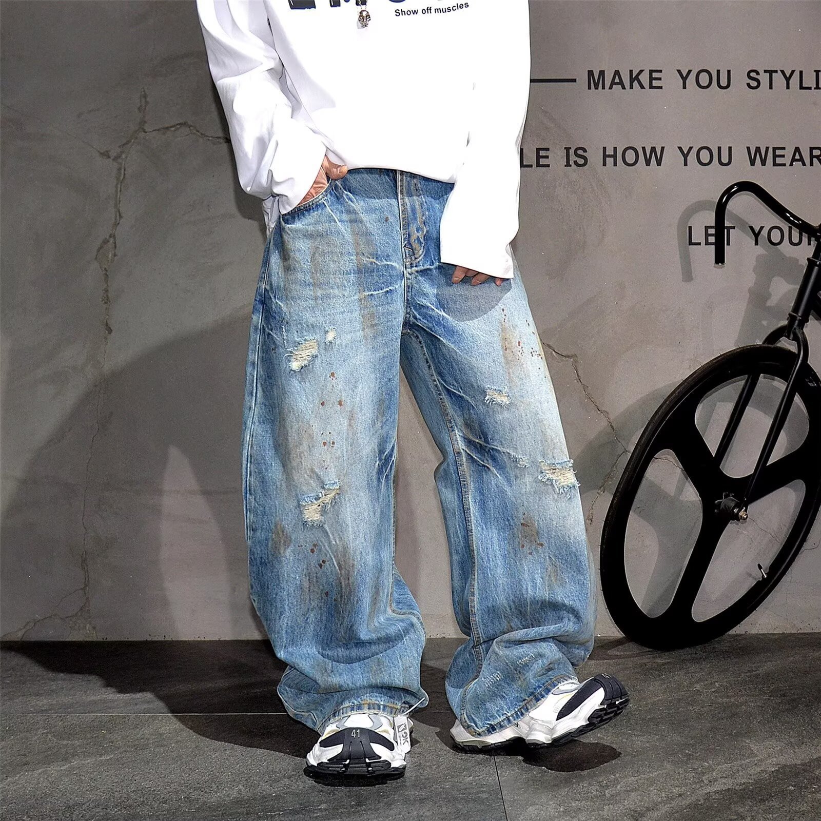 Summer New Trendy Retro High-end Washed Denim Loose Designer Pants Straight-leg Curved-cut Pants For Men