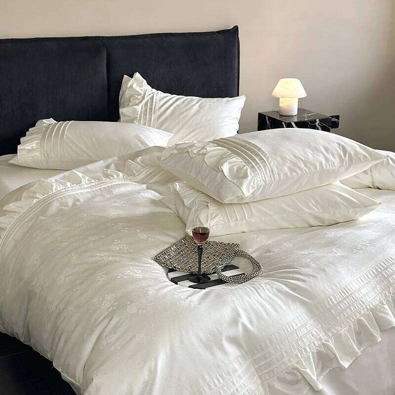 4Pcs Vintage Rose Jacquard Egyptian Cotton Ruffles Bedding Set Queen King Size Duvet Cover Bed Sheet/Fitted Sheet Pillowcases H260312