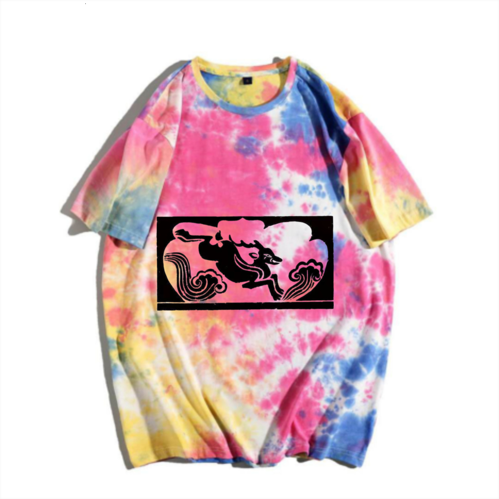 China-Chic New Chinese Flying Auspicious Beast Tie Dyed Short Sleeve T-shirt Rainbow Gradual Change Traditional Pattern Print Men's Summer Versat