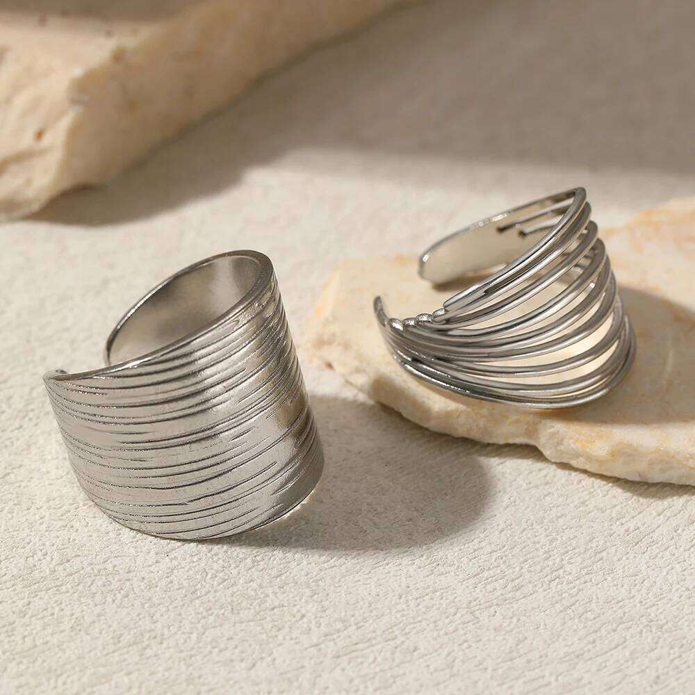 Stainless Steel Rings Minimalist Hollow Line Texture Adjustable Opening Ring For Women Jewelry Non-fading High-quality Gifts New H260312