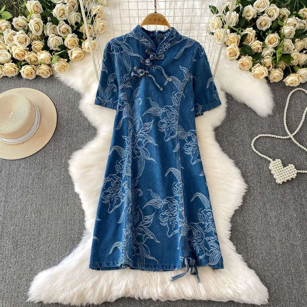 Women's retro button up collar dress, summer high-end jacquard slim a27 fit youth improved cheongsam 2026
