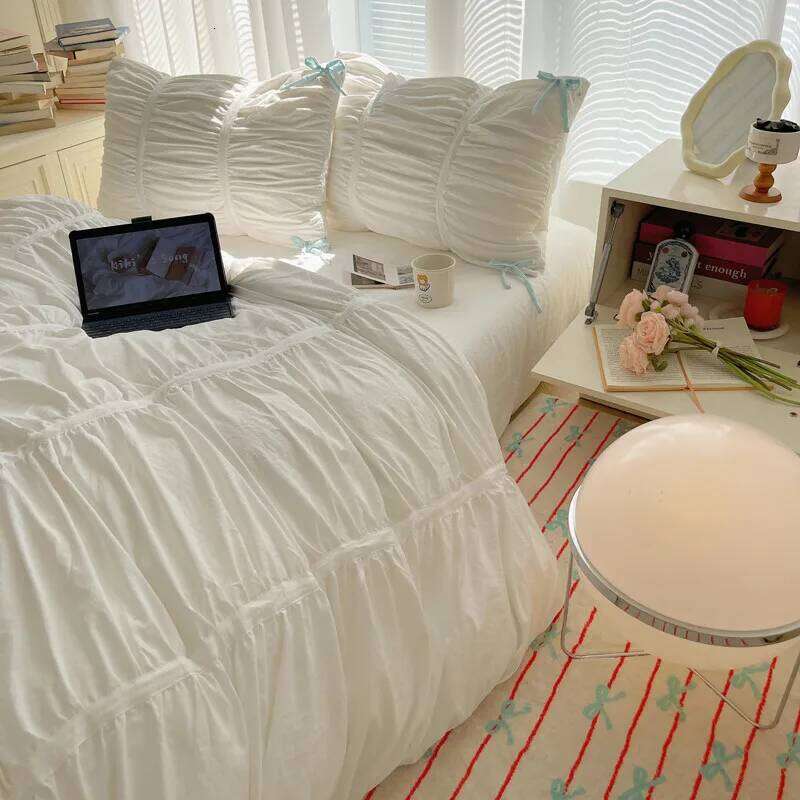 Solid Color Pleated Textured Soft Breathable Chic Princess 4pcs Bedding Set, Delicate Bows Twin Duvet cover Bed sheet Pillowcase H260312