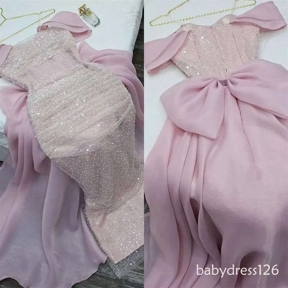 Elegant Pink Mermaid Evening Dress 2026 Off-the-shoulder Sequins Beads Organza Women Prom Formal Gowns Vestidos Feast Robe De Soiree M12