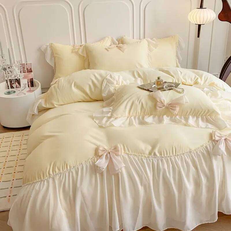 French Princess Style Bedding Sets Ruffle Lace Bow Quilt Romantic Bedclothes Decor Woman Girls Bedroom Duvet Cover 4pcs H260312