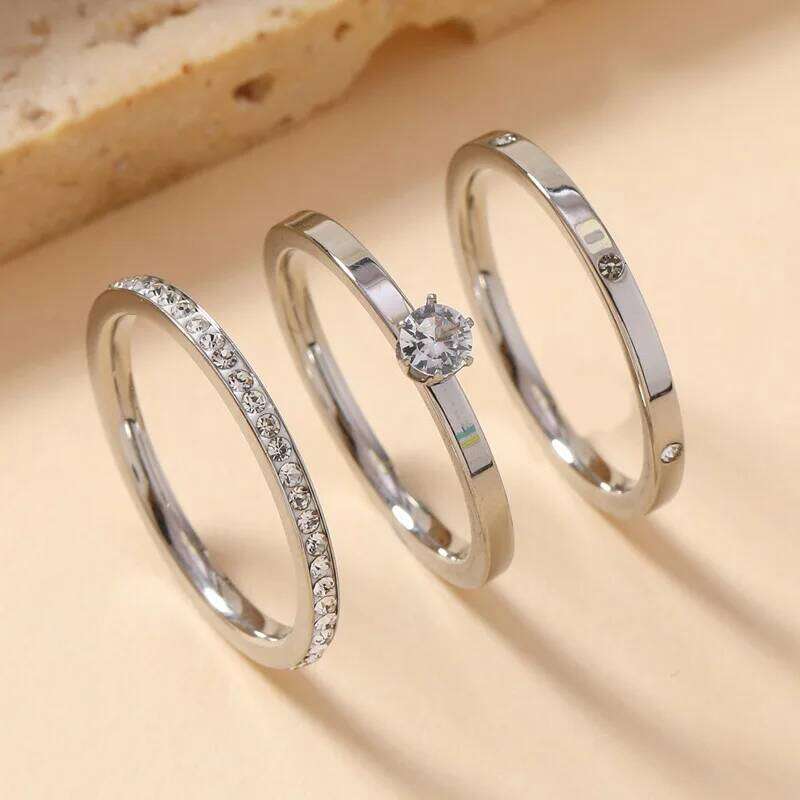 New Trendy Stainless Steel Ring For Women Three-Piece Set Zircon Classic Fashion Finger Accessory Jewelry Female Gifts H260312