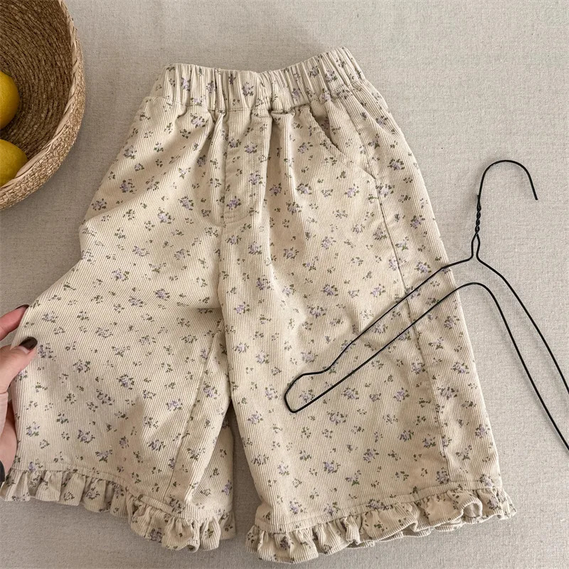 deer jonmi 2026 Spring Baby Girls Wide Leg Pants Floral Printed Korean Style Corduroy Ruffles Toddlers Kids Casual Trousers 260311