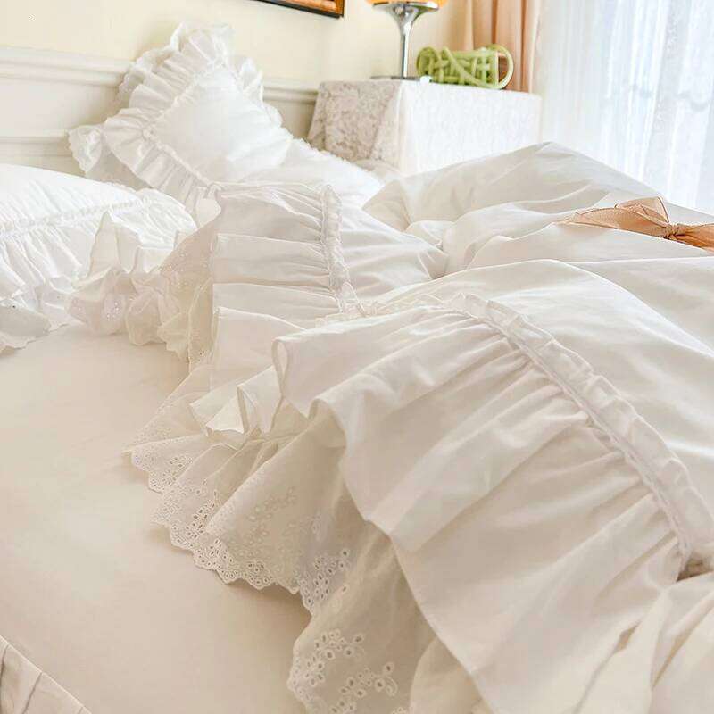 4Pcs White Korean Princess Style 100% Cotton Bedding Set Double Layer Lace Ruffles Duver Cover Bed Skirt Bedspread Pillowcases H260312