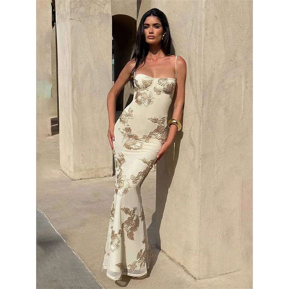 Nibber Elegant Flower Embroidery Maxi Dress Women Low-Neck Cross Bandage Backless Summer Street Trend Skinny Holiday Vestidos C260312