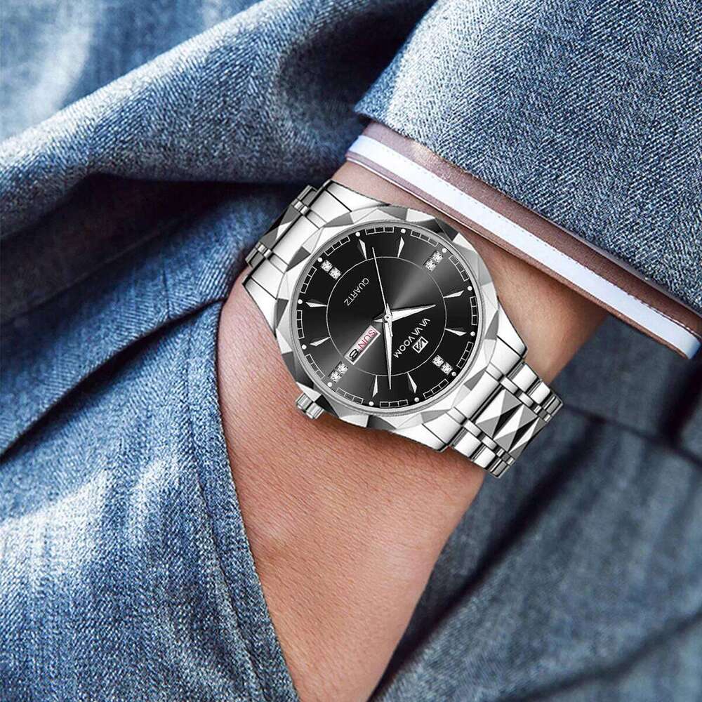 VA VOOM Men Stainless Steel Watch Classic Black Rhinestone Luxury Business Clock 3Bar Week Movement Sports Quartz Wristwatch