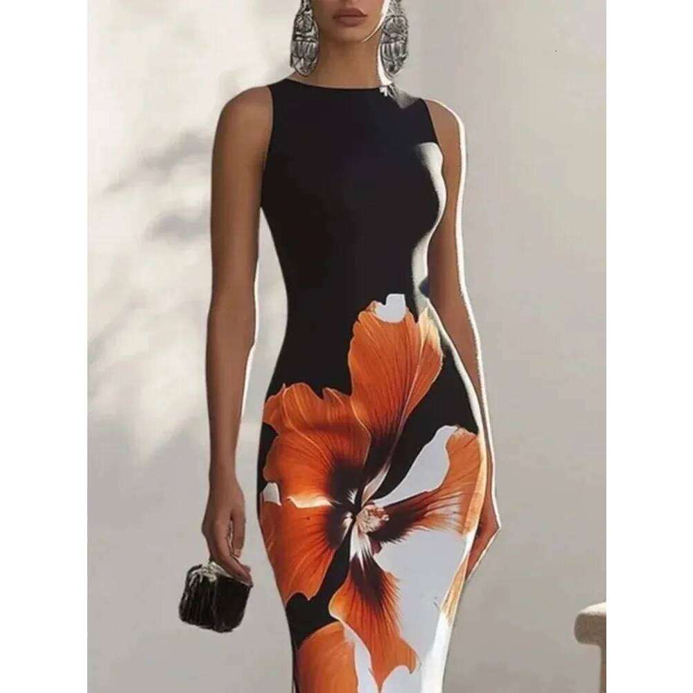 Gymystars Skinny Sleeveless Flower Print Women's Evening Dresses Elegant Sexy Outfit Black White Flowers Party Dress Robe C260312