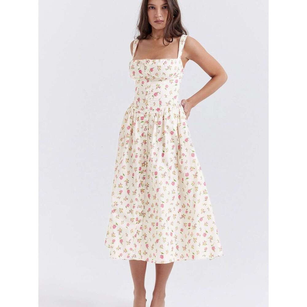 2026 Summer Camisole Dress with Front Buttons, Back Tie, Waist-Cinching, Lace Trim Above the Bust, European and American Cross-Border Supply