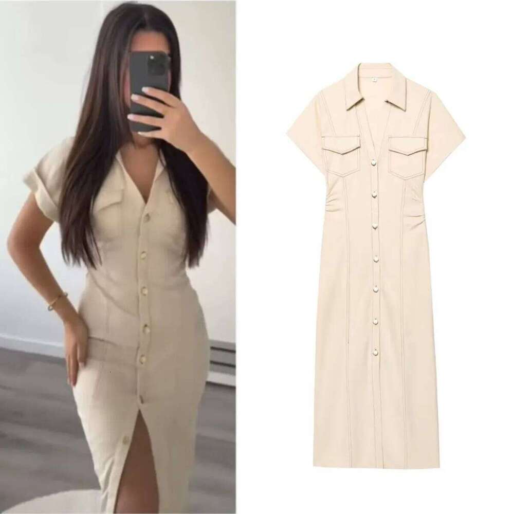 ETJ 2025 summer new women's elegant fashion waist pleated V-neck short-sleeved temperament denim MIDI dress C260312