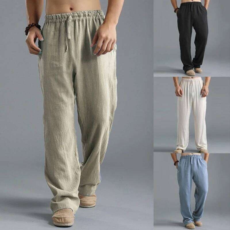 2024 New cotton long men's spring summer loose and breathable solid color linen pants casual street wear