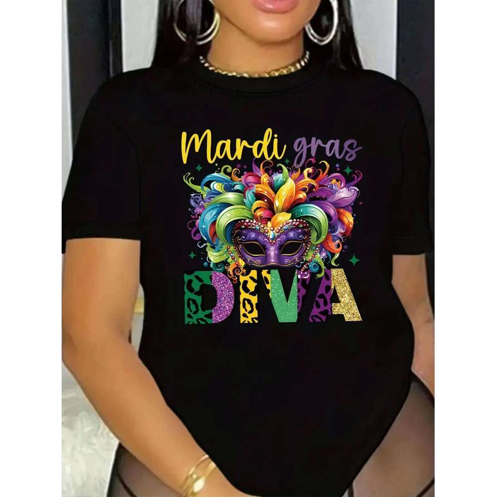 Women's Carnival Print Crew Neck T-Shirt Casual Comfortable All-Season Fashion Top for Spring Summer Autumn Winter Z260312