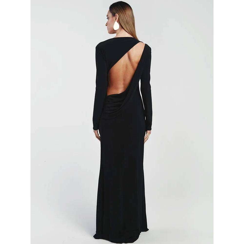 Backless Sleeve Sexy Maxi Women Gown Autumn Winter New High Waist Pleated Club Party Long Dress Elegant C260312