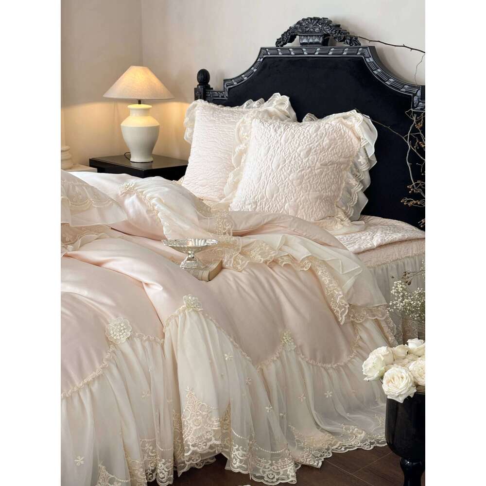 4Pcs French Princess Style 100% Romantic Long Stella Cotton Lace Duvet High-end Feeling Padded Thickened Bed Cover H260312