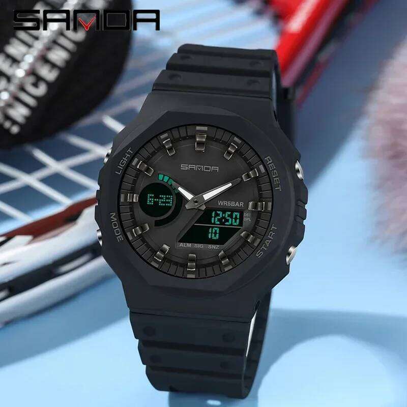 SANDA 6016 LED Dual Display Digital Mens Wristwatches Waterproof Military Luxury Sport Quartz Watch for Men Shockproof Countdown