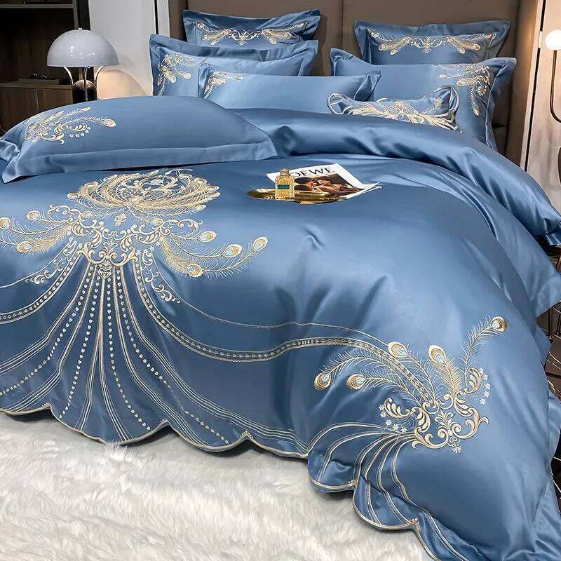 Gold Light High-grade Pure Embroidery White Gray Satin Cotton Bedding Four-piece Bed Cover Set H260312