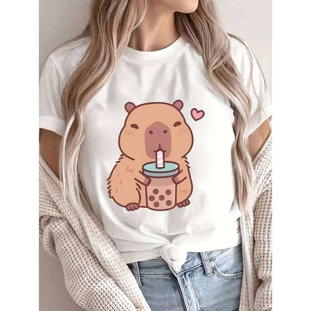Women's Casual Sleeve T-Shirt with Cute Capybara Drinking Bubble Tea Graphic Summer Short Sleeved Harajuku Streetwear Tops Z260312