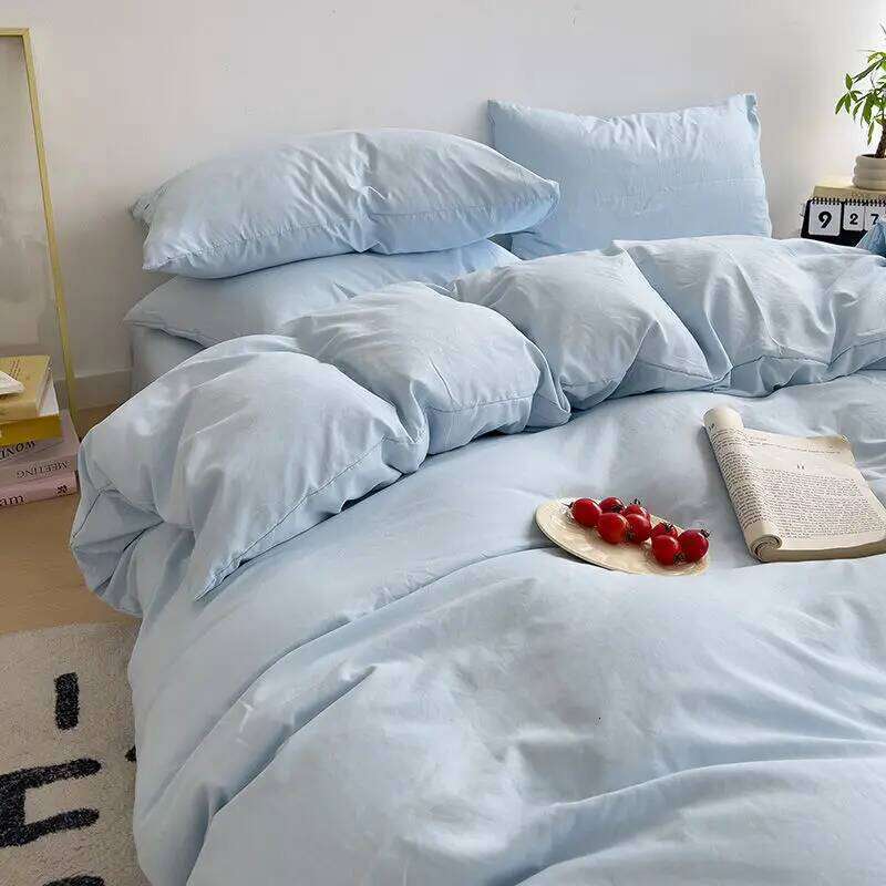 INS Korean Style Fresh Blue Duvet Cover Washed Cotton Sheet Bed Skirt Four-Piece Set Dormitory Simple Solid Color H260312