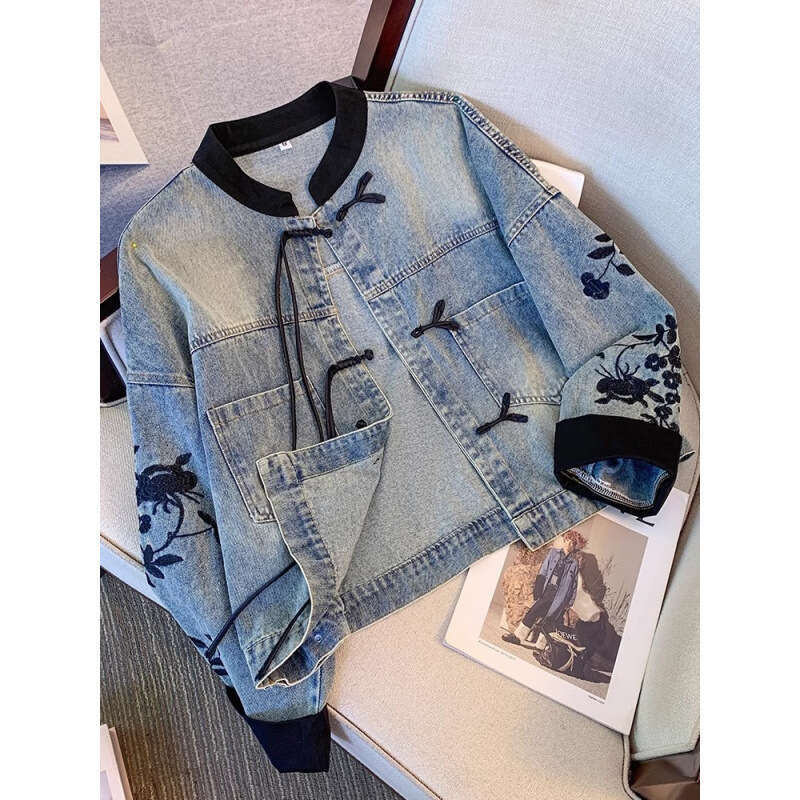 Mardi Hefxessdr New Chinese Style Stand Collar Denim Jackets 2026 Spring Embroidery Coat Women Y2k E-Girl Long Sleeve Loose Tops Mujer coat spring wom