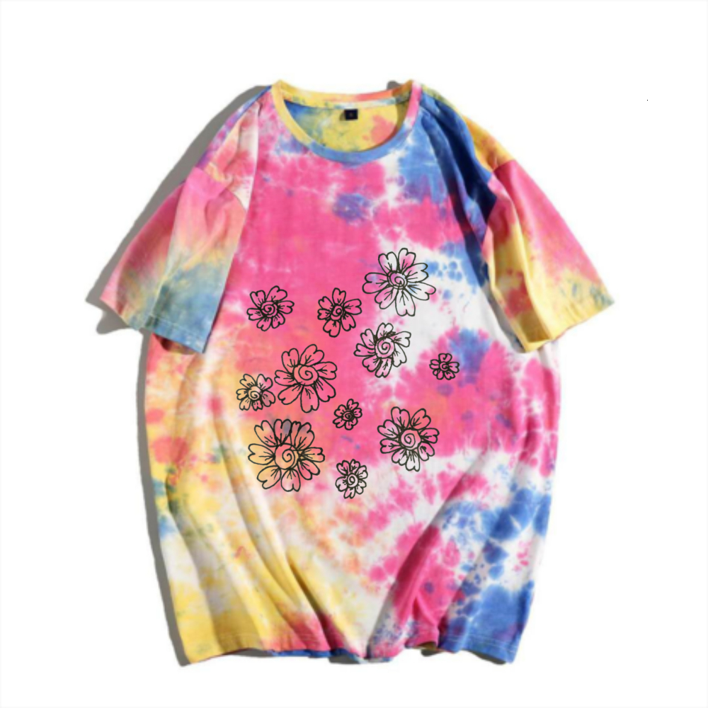 Forest style artistic floral tie dye short sleeved T-shirt with rainbow gradient hand-painted floral print for men's summer versatile top