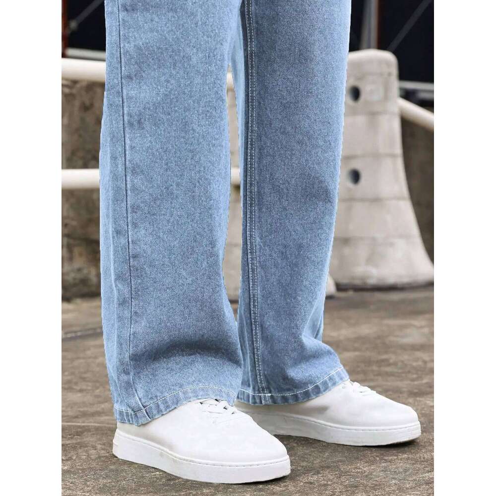Men's Light Blue Washed Wide-Leg Jeans, Loose Straight Fit, Trendy Casual Style for All Seasons