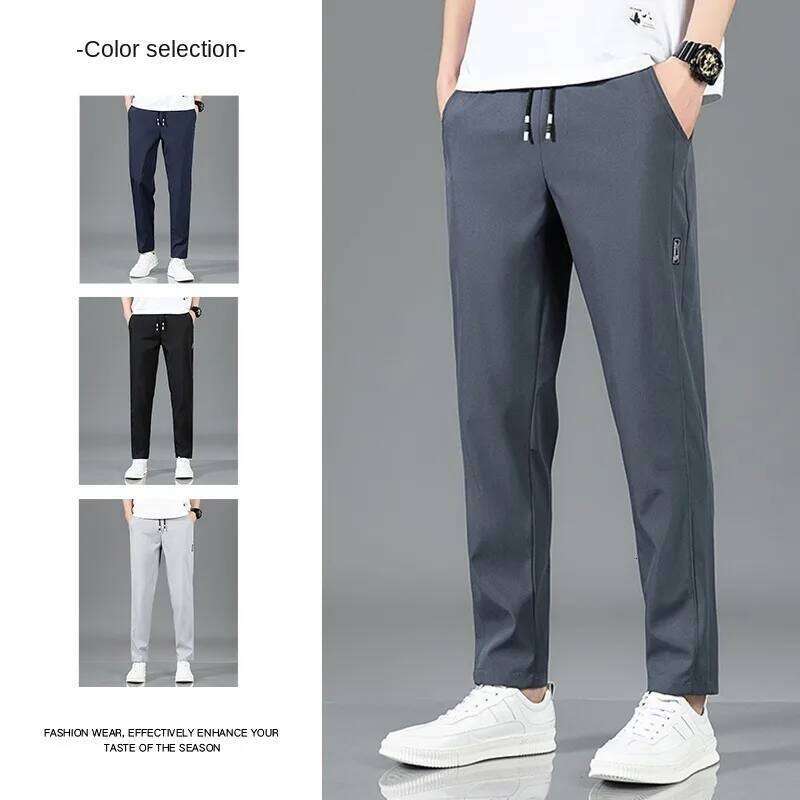 Ice Silk Men's 2025 Summer New Black Gray Thin Business Casual Pants Outdoor Elastic Breathable Straight Leg Sweatpants