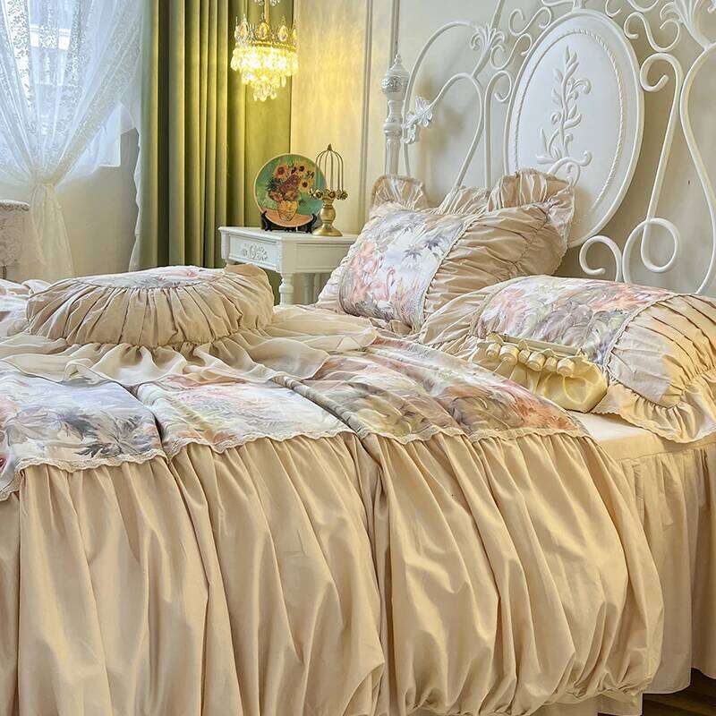 Pleat Ruffles French Vintage Flamingo Tropical Leaves Botanical Print Bedding Set Pure Cotton Duvet Cover Bed Skirt Pillowcases H260312