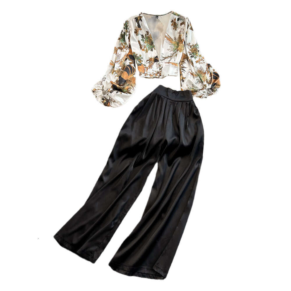 Light and mature style women's fashion suit elegant V-neck lantern sleeve A17 printed shirt with high waisted wide leg pants