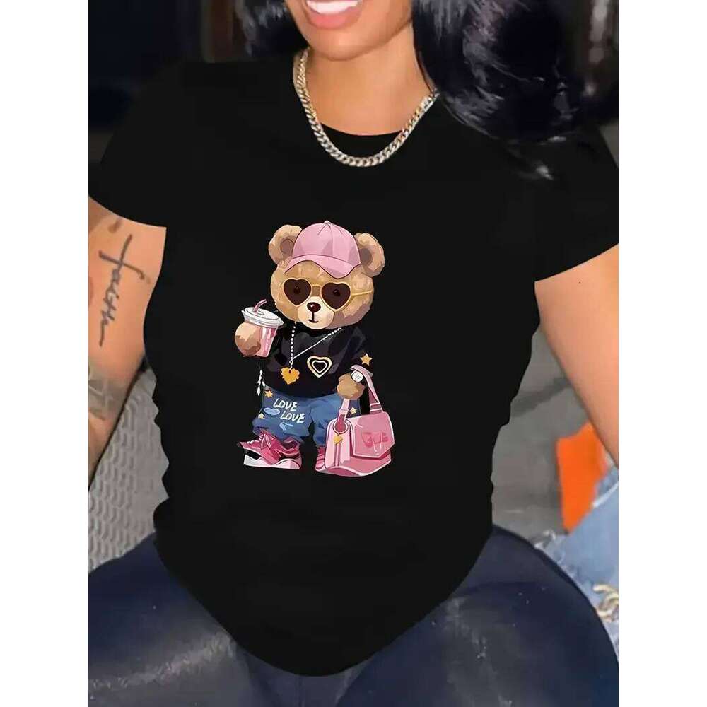 90s T Shirt Bear Graphic Print T-shirt Short Sleeve Crew Neck Casual for Summer Spring Women's Clothing Top Tee Z260312