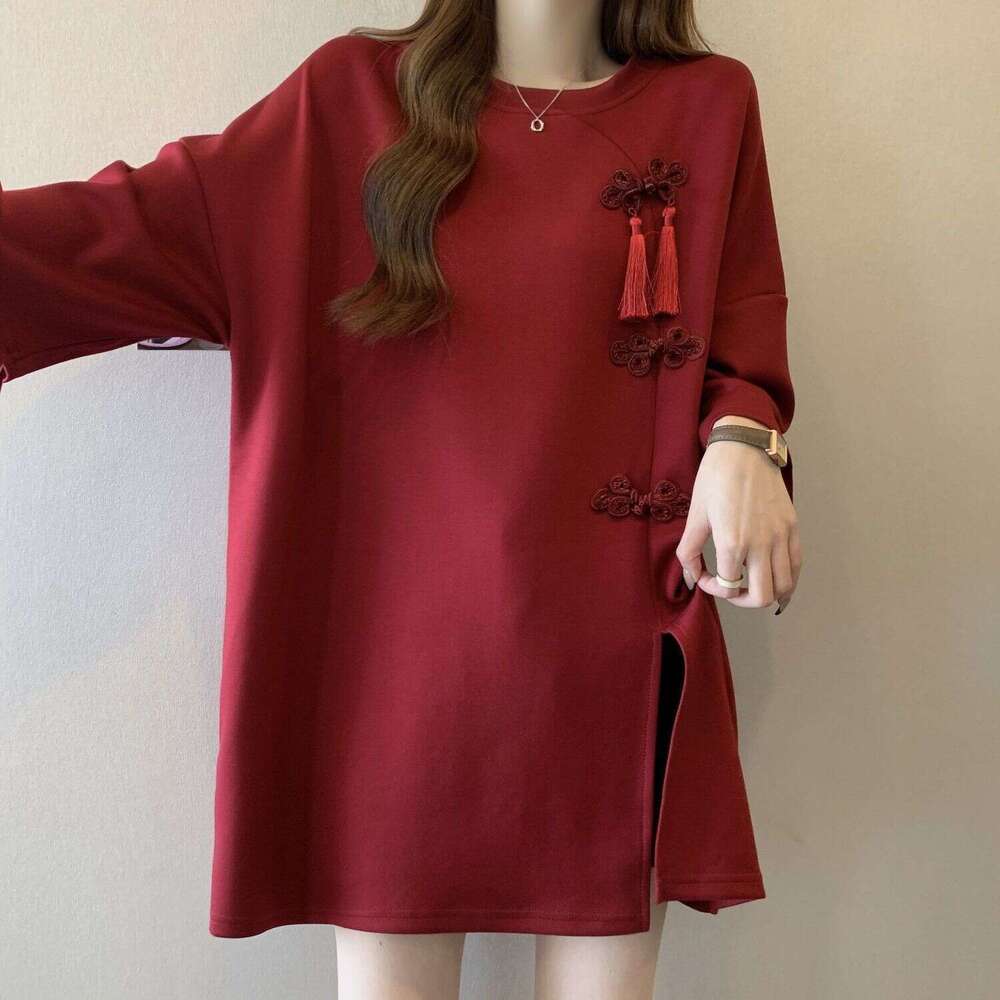 Heavy-Duty Chinese-Style Buttoned Slit Short-Sleeve T-Shirt For Women, 2025 Summer New Style, Loose Fit, Slimming, Extra Large Size 150Kg Top Asia Siz