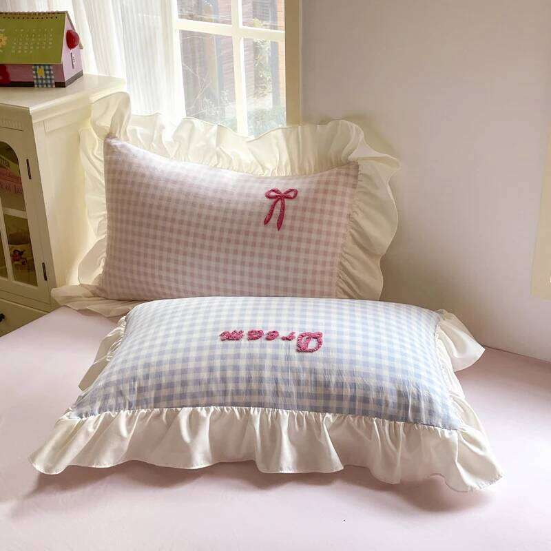 Korean Style Bedding 2025 Pink Grid Bow Quilt Romantic Bed Sheet Sets Woman Girls Bedroom Duvet Cover 4pcs H260312