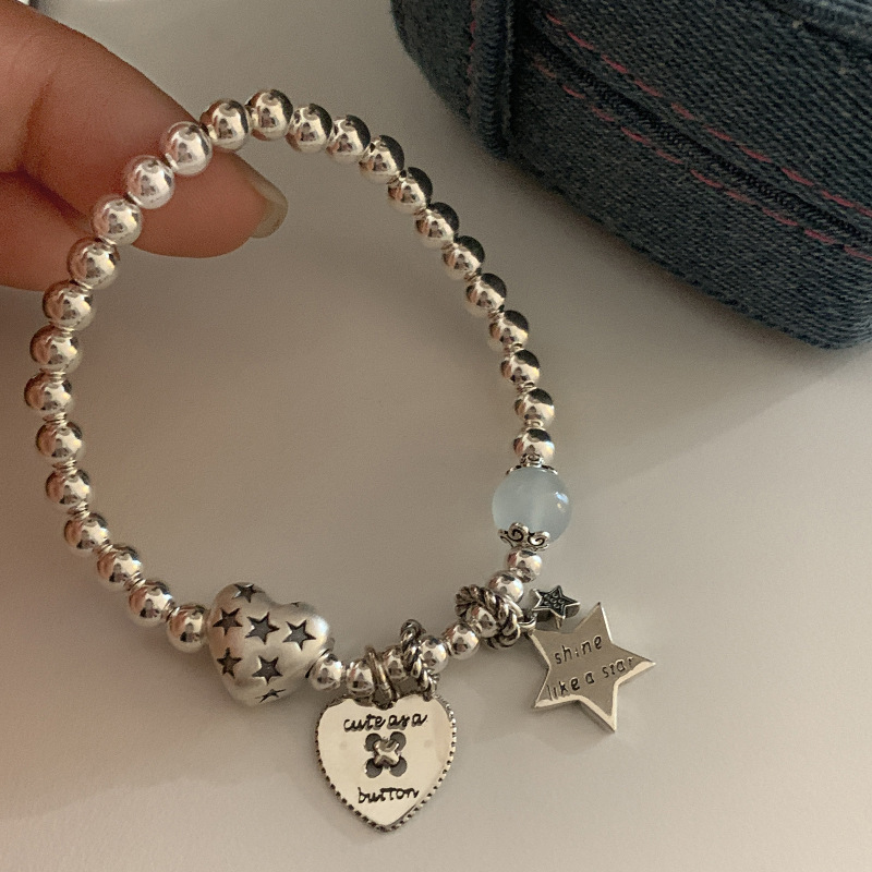 Bracelet S925 Sterling Silver Vintage Beaded Heart Star Bracelet For Women Fashionable Light Luxury Niche High-End Heavy Craft Jewelry Bracelet