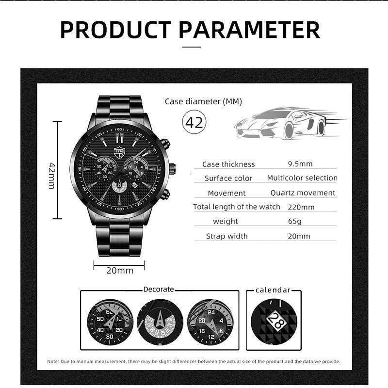 2pcs Fashion Men's Casual Business Sports Stainless Steel Quartz Wristwatch Calendar Male Classic Bracelet Set