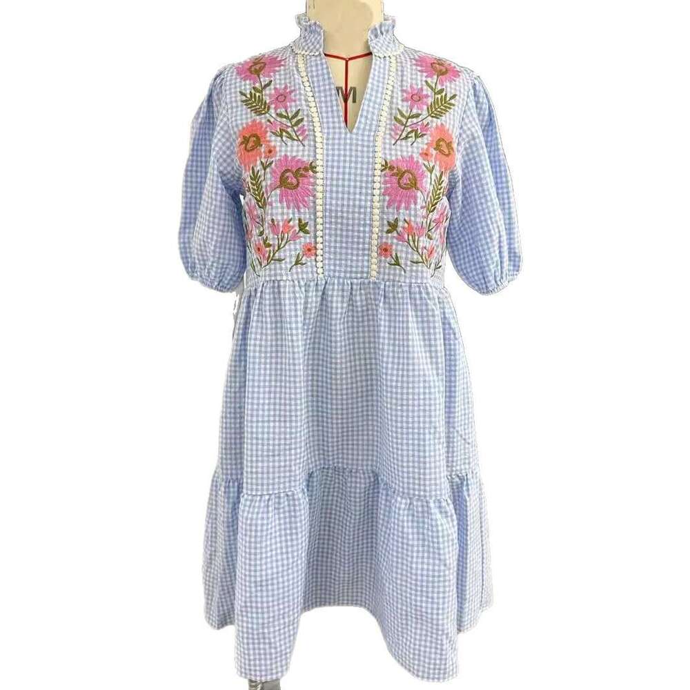 2026 New Women's Clothing Loose Casual Elegant Short-sleeved Plaid Dress A-Lline Dress Blue striped embroidered flower