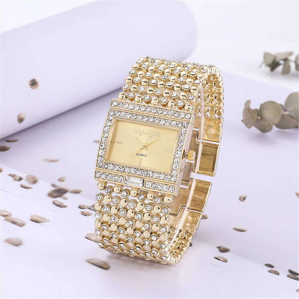 Luxury Simple Square Diamond Encrusted Quartz Watch Gold Skeleton Fashion Women's Clock Gift Dress Wristwatch